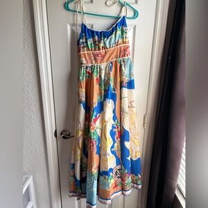 Colorful Tropical Maxi Dress in Blue, Tan & Cream